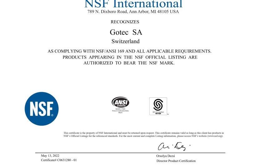 Certificate of compliance NSF169 - VP 150-VP 400